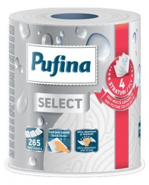 Háztartási papírtörlő, 4 rétegű, 265 lap, 1 tekercses, PUFINA "Select", hófehér